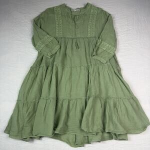JP & Mattie Boho 100% Cotton Tiered Dress Womens Green Cottagecore Lace Flowy